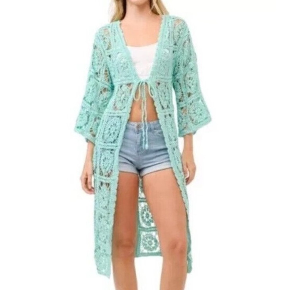 Raj Mint Green Crochet Long Cape Cardigan, one size